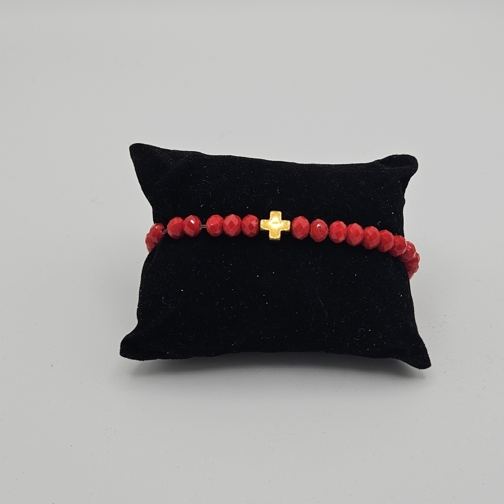 BPD red beaded stretch bracelet mini cross design